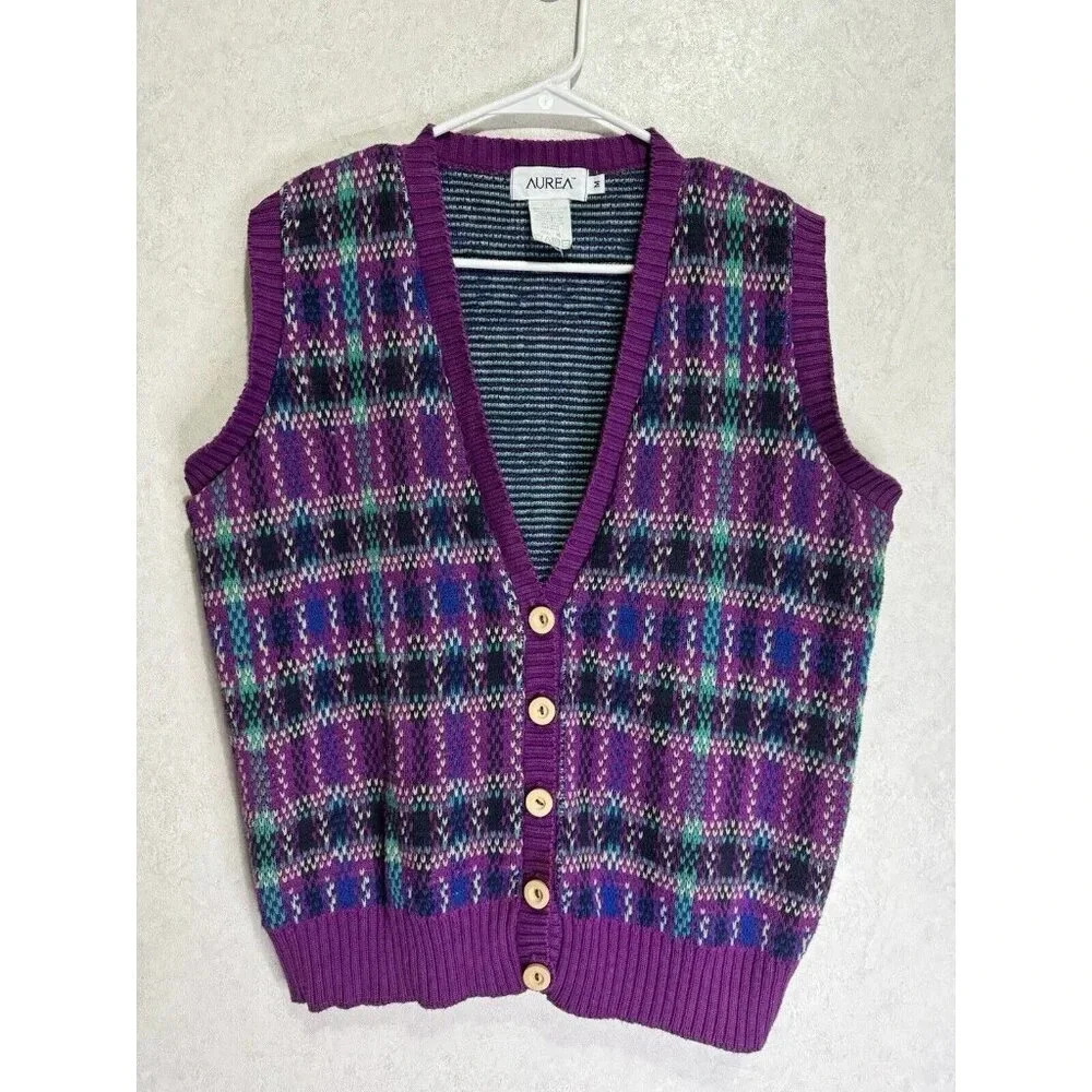 Vintage Women Purple Multicolor Plaid CottonKnit Vest Outdoors 90s Retro MEDIUM